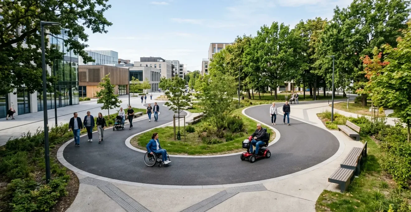 Overhead view of accessible urban pathway with smooth pavement designed for mobility scooter navigation showing clear routes without obstacles