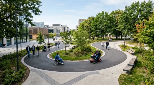 Overhead view of accessible urban pathway with smooth pavement designed for mobility scooter navigation showing clear routes without obstacles