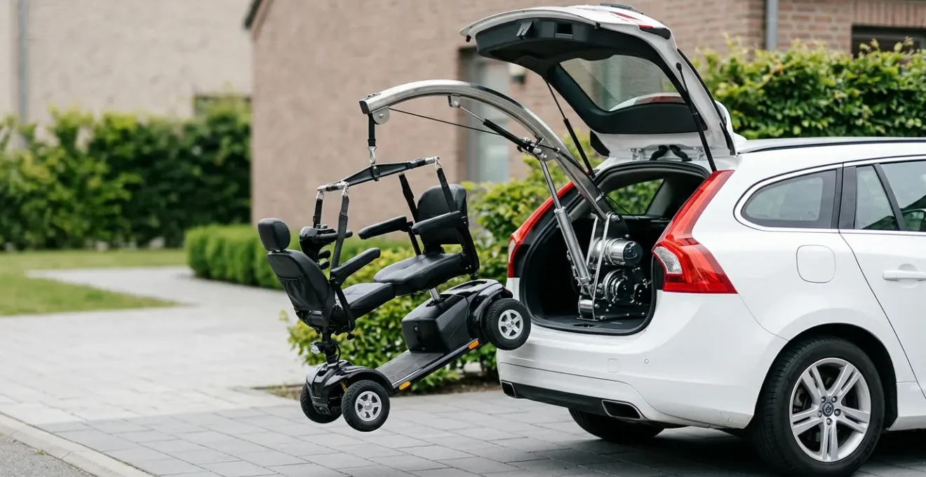 Professional car boot hoist lifting a mobility scooter into a vehicle with smooth mechanical operation
