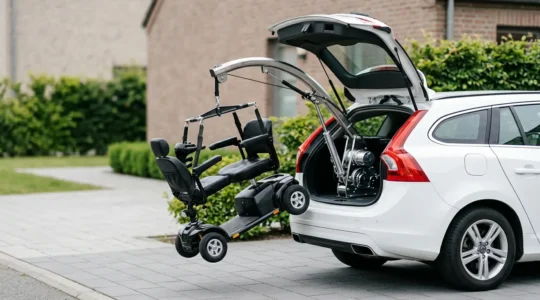 Professional car boot hoist lifting a mobility scooter into a vehicle with smooth mechanical operation