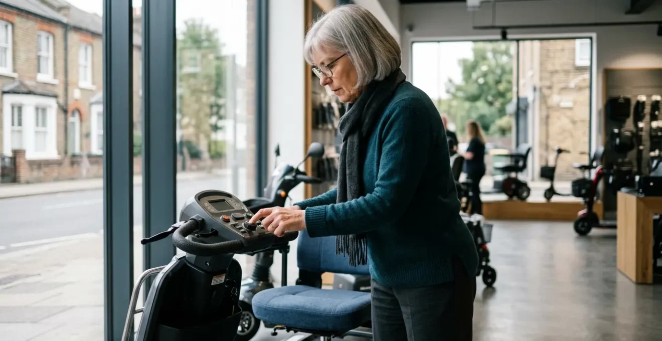 Person carefully examining mobility scooter features in natural daylight setting