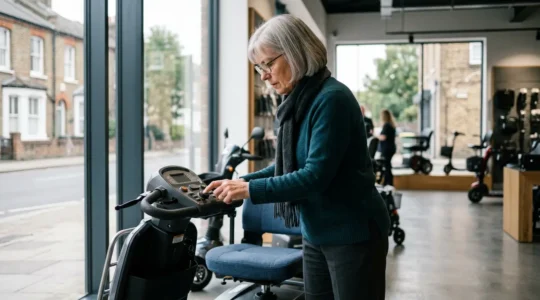 Person carefully examining mobility scooter features in natural daylight setting