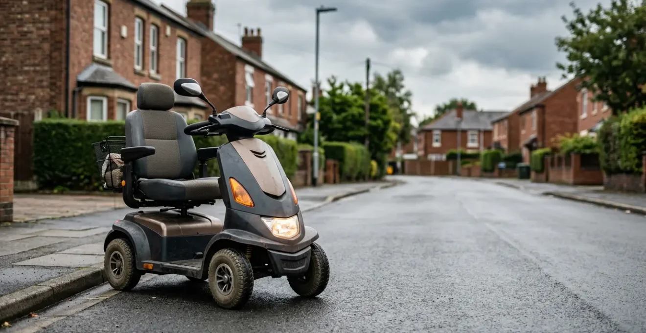 Class 3 mobility scooter positioned on a UK street showing road-legal features and registration compliance