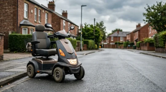 Class 3 mobility scooter positioned on a UK street showing road-legal features and registration compliance