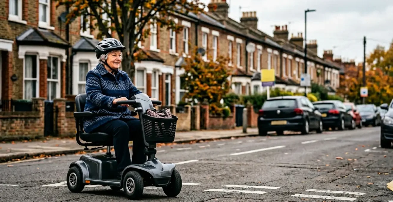 Mobility scooter user on UK road wearing high-visibility helmet for enhanced safety