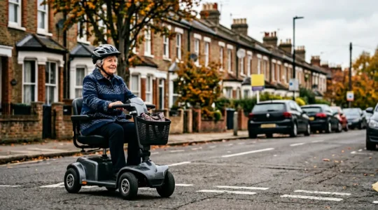 Mobility scooter user on UK road wearing high-visibility helmet for enhanced safety