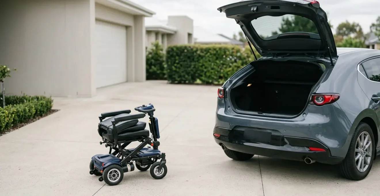 Compact folding mobility scooter positioned near an open car boot, demonstrating portability and travel convenience