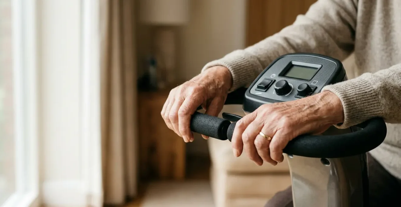 Close-up view of mobility scooter delta tiller wraparound handles showcasing ergonomic design for enhanced comfort