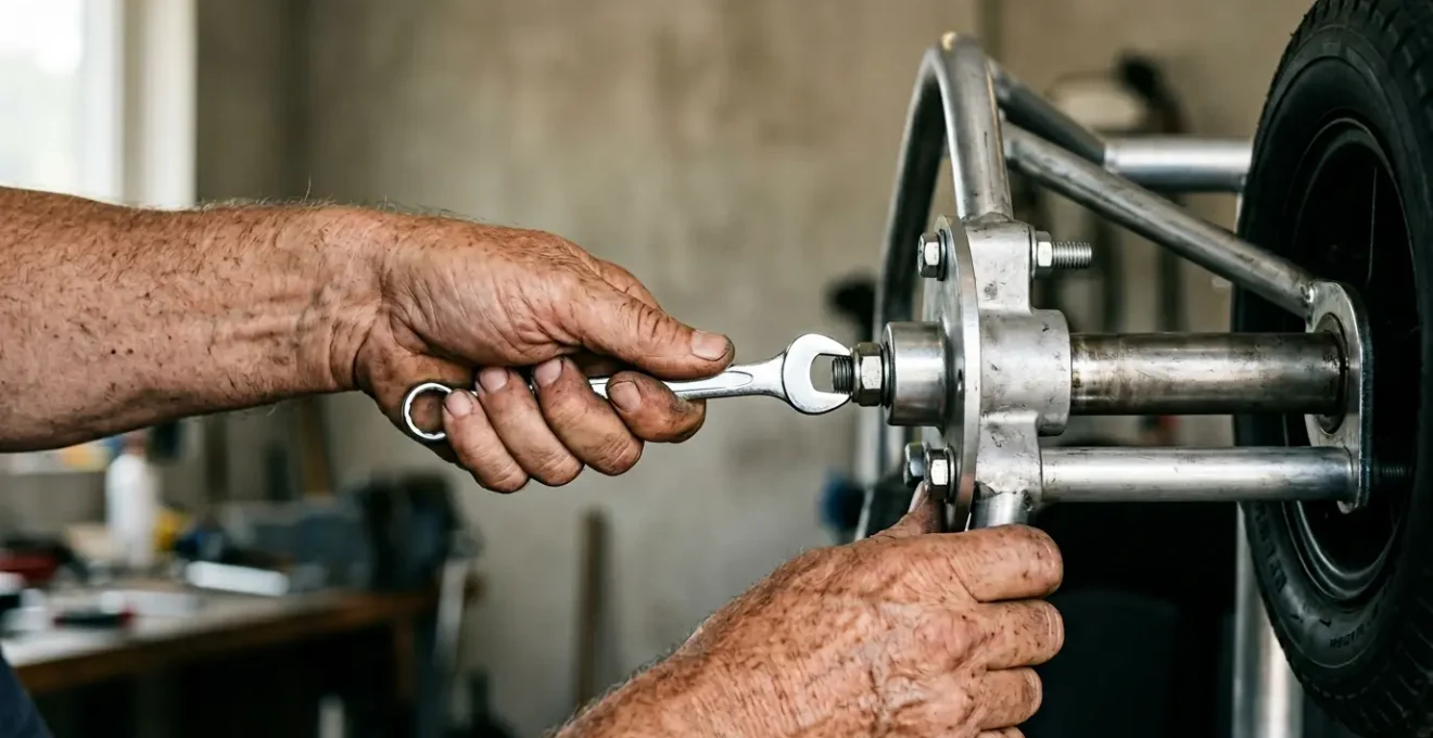Close-up of hands performing technical maintenance on a mobility scooter component with tools in natural workshop lighting