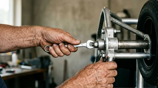 Close-up of hands performing technical maintenance on a mobility scooter component with tools in natural workshop lighting