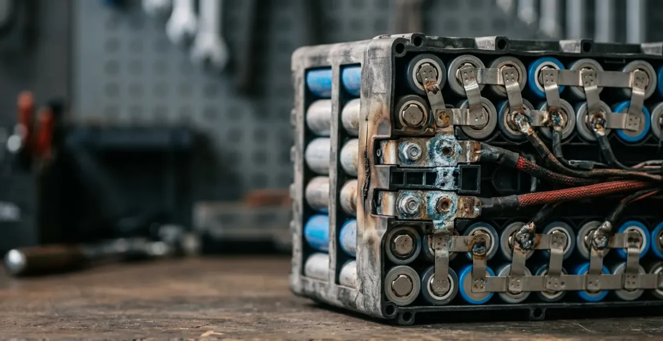 Close-up of electric scooter battery cells with technical details highlighting battery degradation