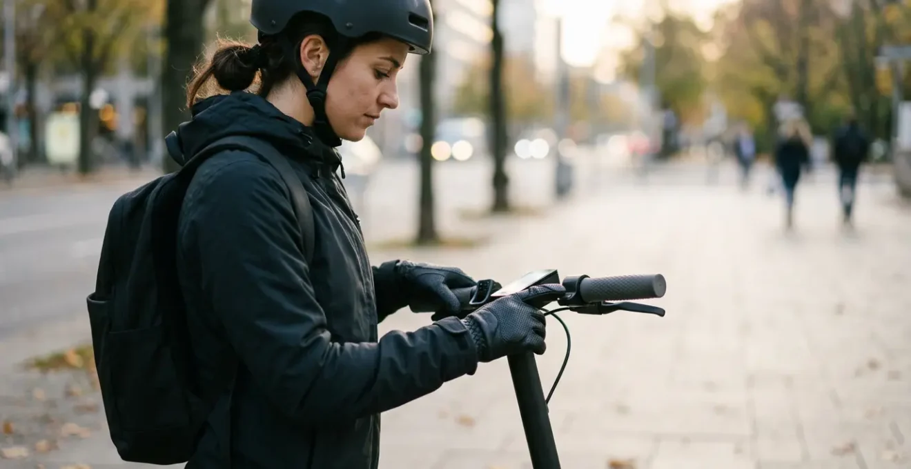 Close-up view of an electric scooter rider checking battery charge level before departure