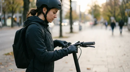 Close-up view of an electric scooter rider checking battery charge level before departure