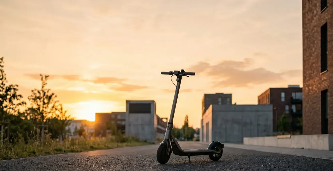 Electric scooter rider calculating real-world battery range on urban street