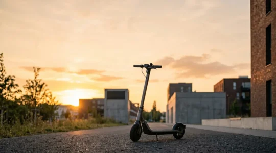 Electric scooter rider calculating real-world battery range on urban street