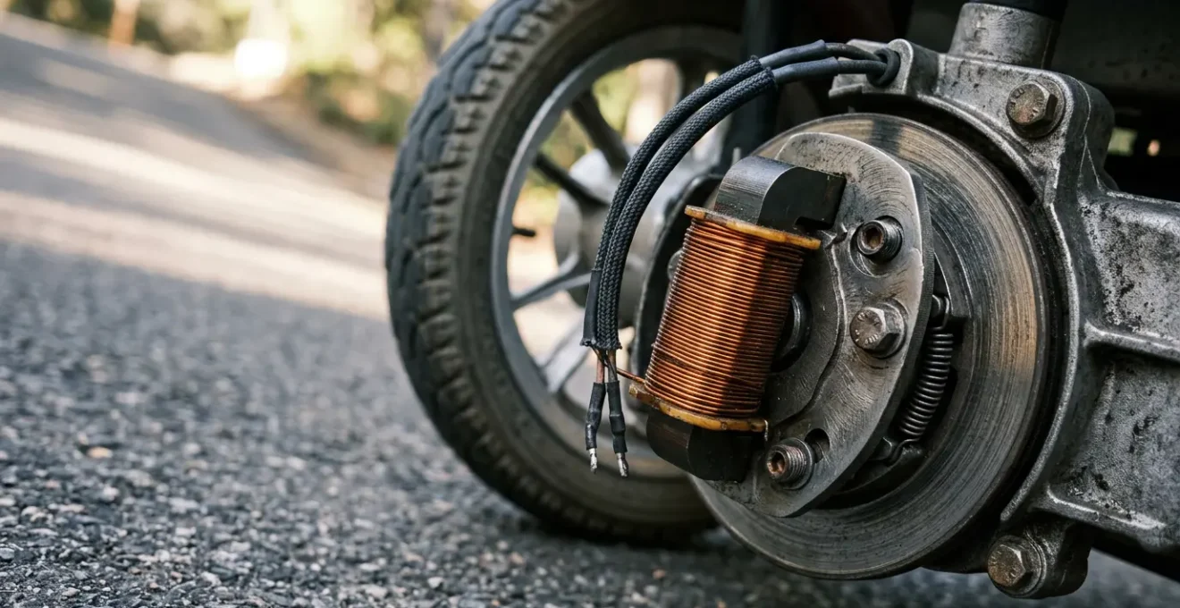 Close-up view of a mobility scooter's electromagnetic brake mechanism ensuring safe positioning on a steep incline