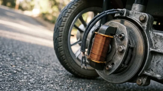 Close-up view of a mobility scooter's electromagnetic brake mechanism ensuring safe positioning on a steep incline