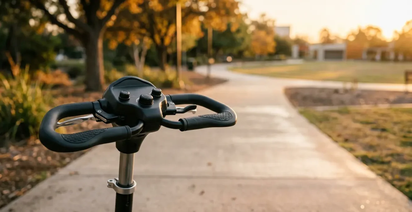 Rider's hand resting in neutral wrist position on scooter control mechanism showing proper ergonomic grip