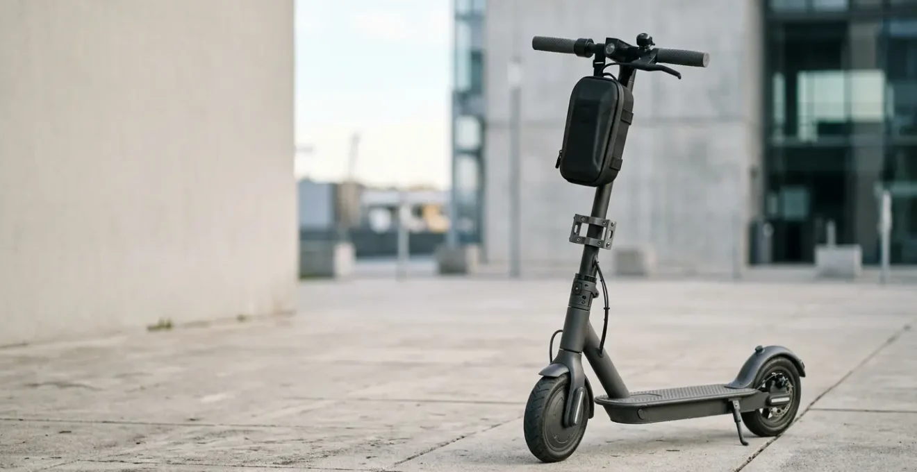 Modern scooter with essential comfort accessories in urban setting