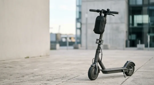 Modern scooter with essential comfort accessories in urban setting