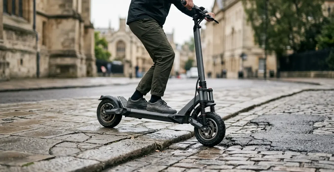 Full suspension electric scooter on uneven urban pavement highlighting comfort for users with back pain