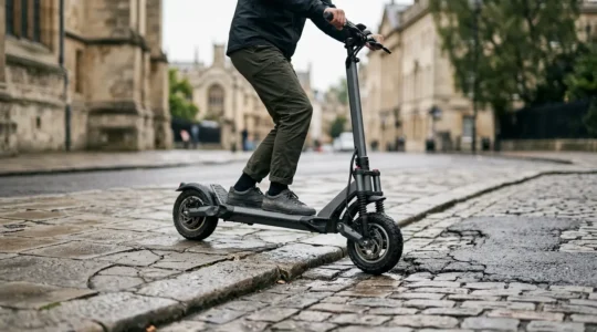 Full suspension electric scooter on uneven urban pavement highlighting comfort for users with back pain