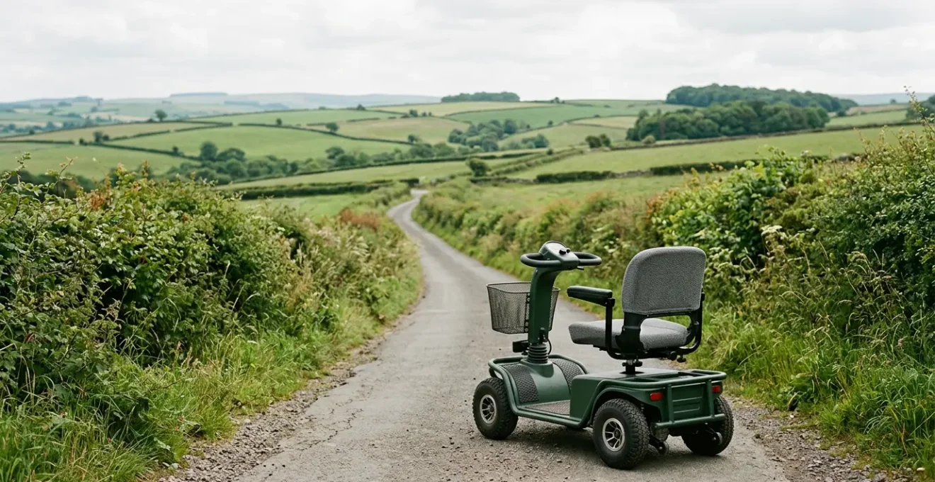 Heavy-duty Class 3 mobility scooter on a winding rural country lane surrounded by rolling hills