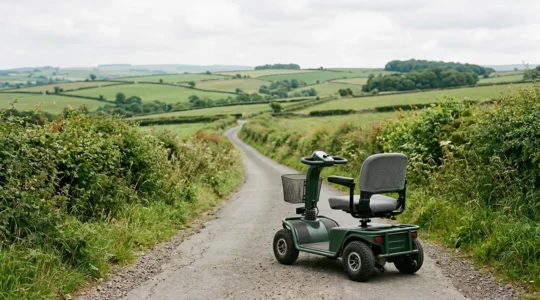 Heavy-duty Class 3 mobility scooter on a winding rural country lane surrounded by rolling hills