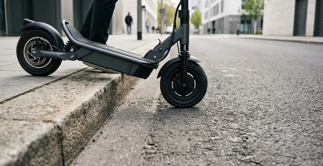Electric scooter with high ground clearance successfully crossing a dropped kerb transition without bottoming out