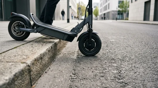 Electric scooter with high ground clearance successfully crossing a dropped kerb transition without bottoming out