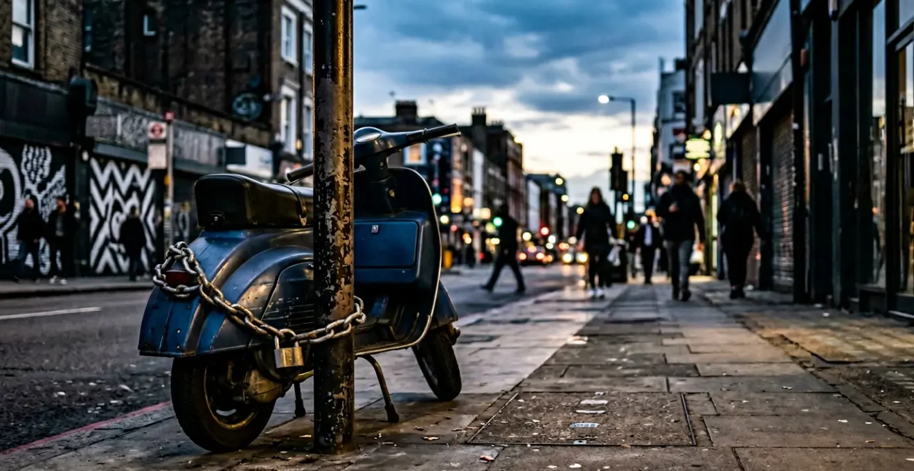 Heavy-duty security chain and lock protecting scooter in high-risk urban parking area