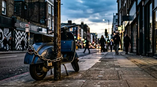 Heavy-duty security chain and lock protecting scooter in high-risk urban parking area