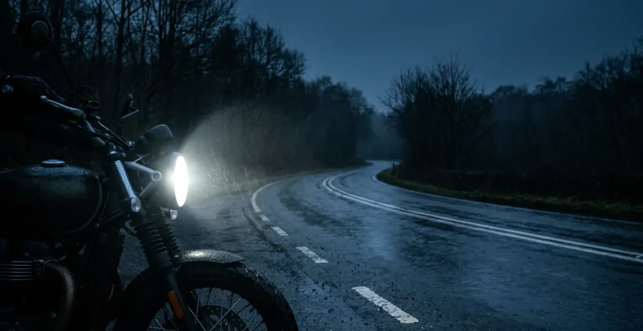 Motorcycle with LED headlight illuminating wet British road in winter darkness