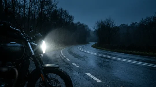 Motorcycle with LED headlight illuminating wet British road in winter darkness