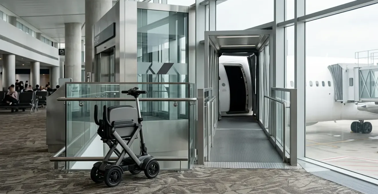 Modern folding mobility scooter near airport gate boarding area ready for travel