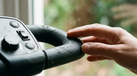 Close-up detail showing ergonomic mobility scooter control features designed for arthritis and chronic pain management