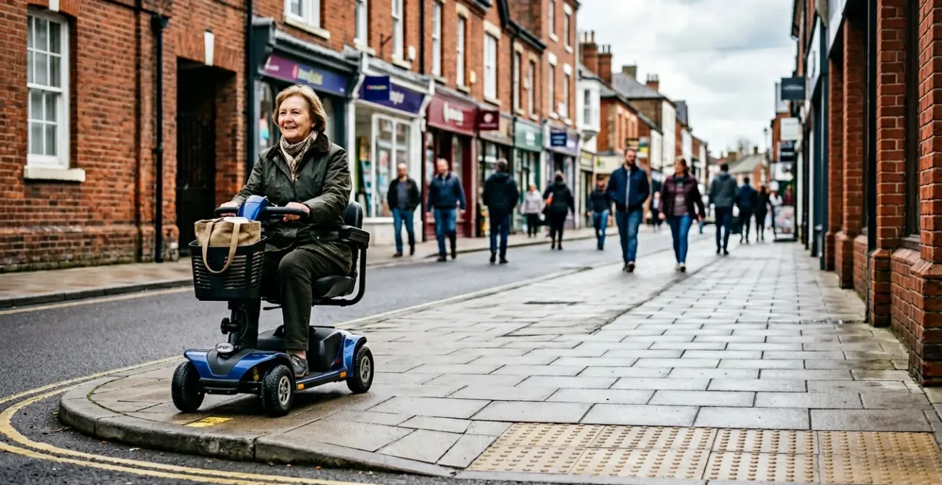 Person using mobility scooter navigating accessible urban environment with confidence