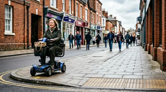 Person using mobility scooter navigating accessible urban environment with confidence