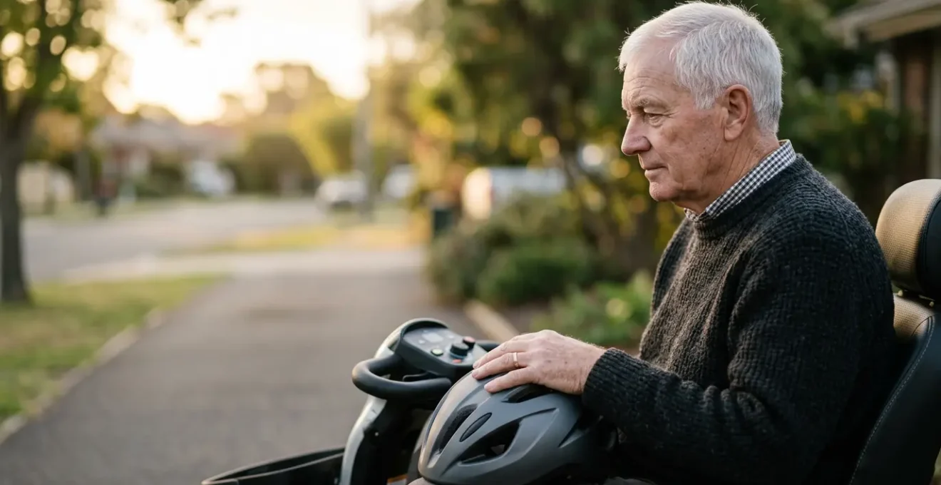 Close-up portrait of a senior mobility scooter user contemplating helmet choice for road safety