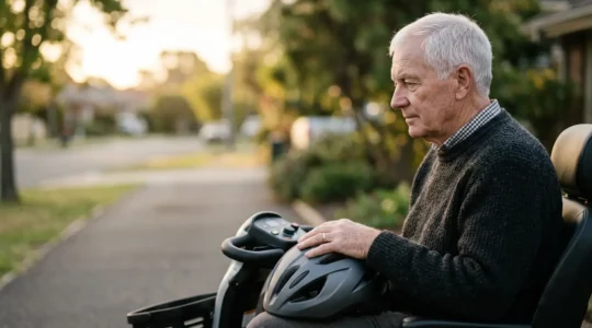 Close-up portrait of a senior mobility scooter user contemplating helmet choice for road safety