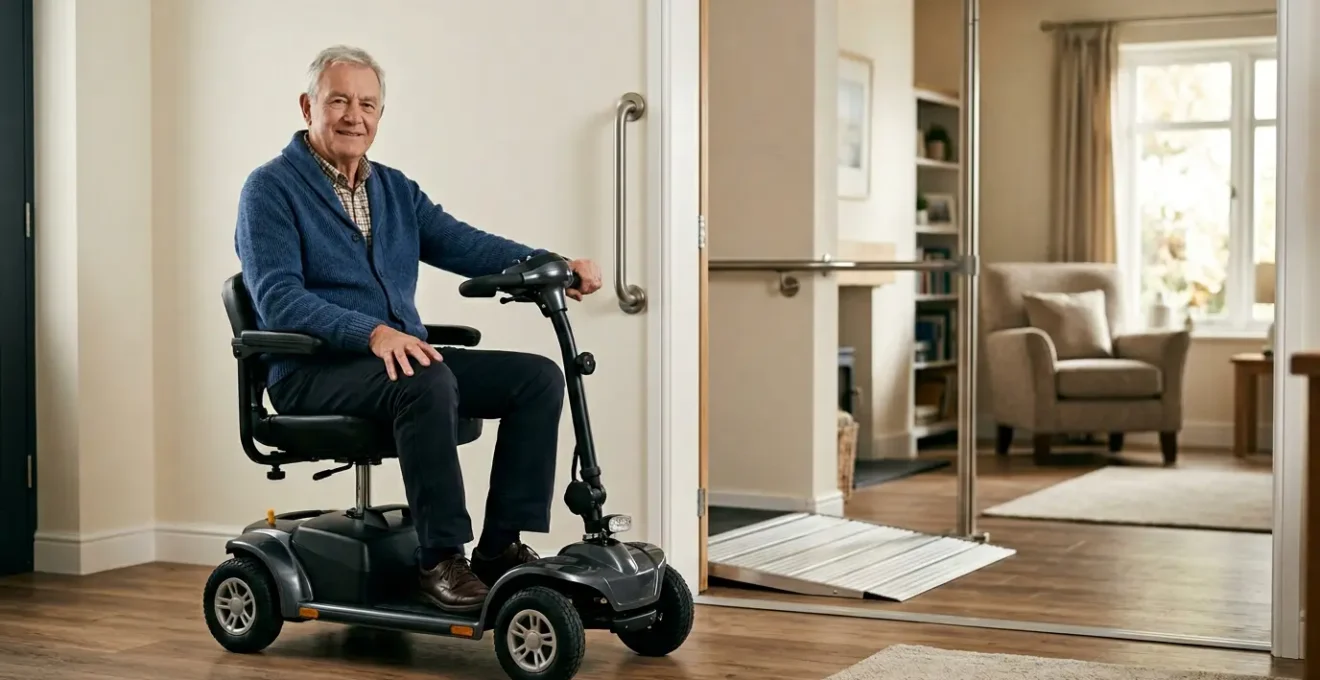 Person confidently using accessibility aids alongside mobility scooter in modern accessible home environment