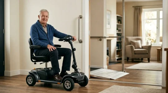 Person confidently using accessibility aids alongside mobility scooter in modern accessible home environment