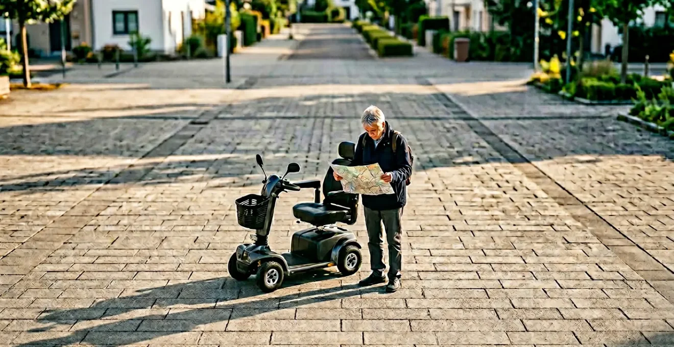 Overhead view of a mobility scooter user consulting a route map while planning a long-distance journey, demonstrating strategic trip preparation and range management