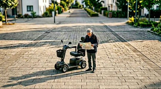 Overhead view of a mobility scooter user consulting a route map while planning a long-distance journey, demonstrating strategic trip preparation and range management