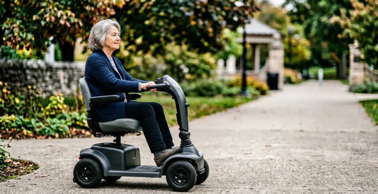 Person with mobility scooter confidently navigating outdoor path with natural lighting and calm atmosphere