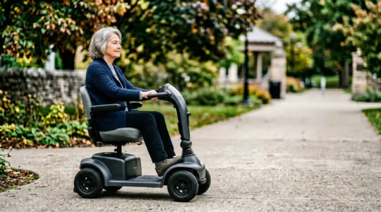 Person with mobility scooter confidently navigating outdoor path with natural lighting and calm atmosphere