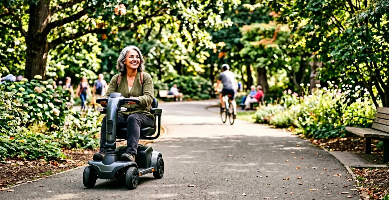 Person using mobility scooter enjoying outdoor freedom in a community setting