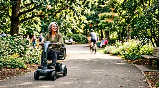 Person using mobility scooter enjoying outdoor freedom in a community setting