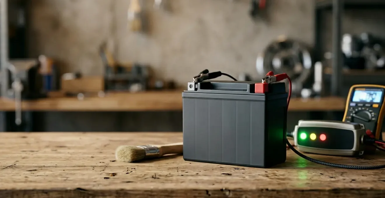 Close-up of a motorcycle battery with maintenance tools demonstrating proper care techniques for extended lifespan