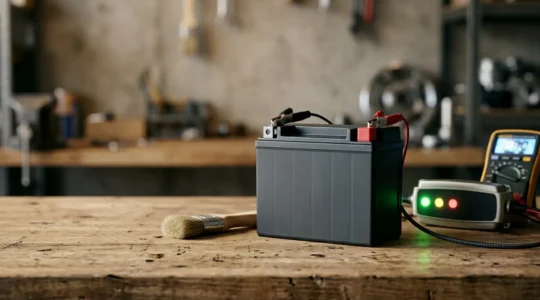 Close-up of a motorcycle battery with maintenance tools demonstrating proper care techniques for extended lifespan